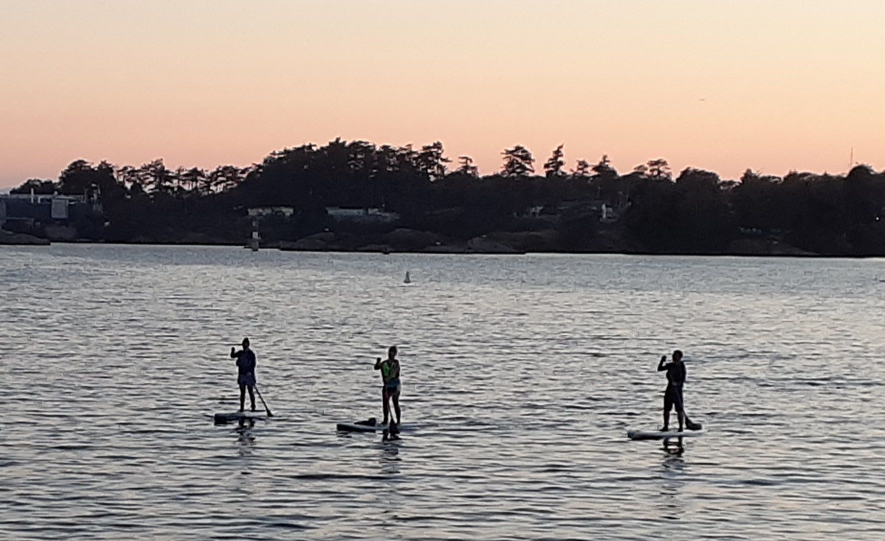 3 paddle boarders in the ocean during the sunset