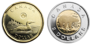 Toonies and Loonies coins in Canada
